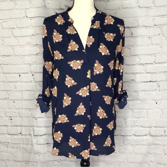LOFT Navy Faraway Floral Split Neck Tunic Long Sleeve Roll Tab Pullover Small - Picture 3 of 16